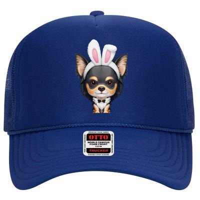 Tricolor Long Coat Chihuahua In Easter Bunny Costume High Crown Mesh Back Trucker Hat