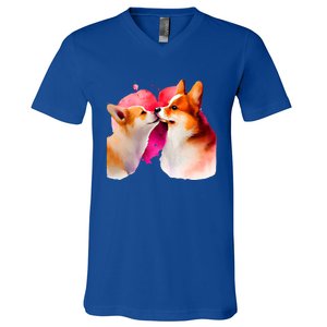 Two Loving Corgis In Love Heart Valentine's Day Dog Corgi Cool Gift V-Neck T-Shirt