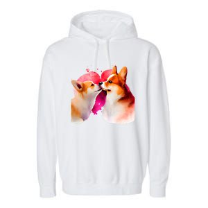 Two Loving Corgis In Love Heart Valentine's Day Dog Corgi Cool Gift Garment-Dyed Fleece Hoodie