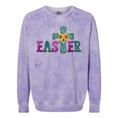 Turquoise Leopard Easter Cross For Christian Sunflower Mom Cool Gift Colorblast Crewneck Sweatshirt