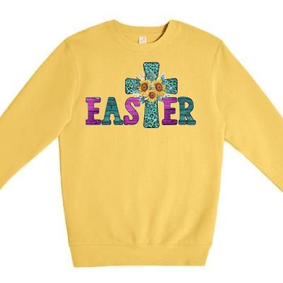 Turquoise Leopard Easter Cross For Christian Sunflower Mom Cool Gift Premium Crewneck Sweatshirt