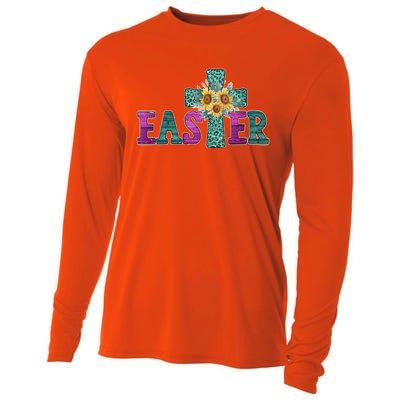 Turquoise Leopard Easter Cross For Christian Sunflower Mom Cool Gift Cooling Performance Long Sleeve Crew