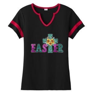 Turquoise Leopard Easter Cross For Christian Sunflower Mom Cool Gift Ladies Halftime Notch Neck Tee