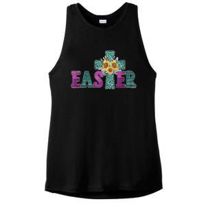 Turquoise Leopard Easter Cross For Christian Sunflower Mom Cool Gift Ladies PosiCharge Tri-Blend Wicking Tank