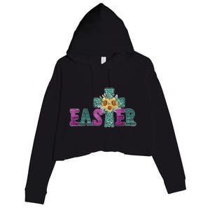 Turquoise Leopard Easter Cross For Christian Sunflower Mom Cool Gift Crop Fleece Hoodie