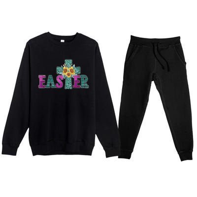 Turquoise Leopard Easter Cross For Christian Sunflower Mom Cool Gift Premium Crewneck Sweatsuit Set