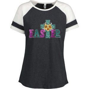 Turquoise Leopard Easter Cross For Christian Sunflower Mom Cool Gift Enza Ladies Jersey Colorblock Tee