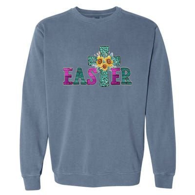 Turquoise Leopard Easter Cross For Christian Sunflower Mom Cool Gift Garment-Dyed Sweatshirt