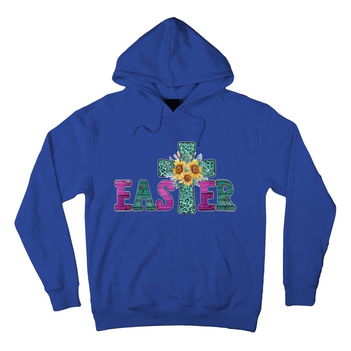 Turquoise Leopard Easter Cross For Christian Sunflower Mom Cool Gift Hoodie