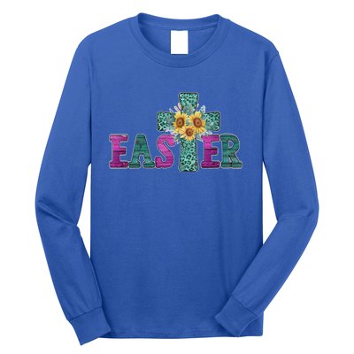 Turquoise Leopard Easter Cross For Christian Sunflower Mom Cool Gift Long Sleeve Shirt