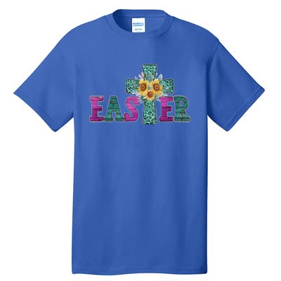 Turquoise Leopard Easter Cross For Christian Sunflower Mom Cool Gift Tall T-Shirt