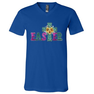 Turquoise Leopard Easter Cross For Christian Sunflower Mom Cool Gift V-Neck T-Shirt