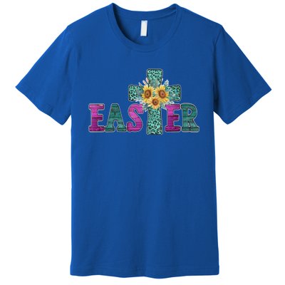 Turquoise Leopard Easter Cross For Christian Sunflower Mom Cool Gift Premium T-Shirt