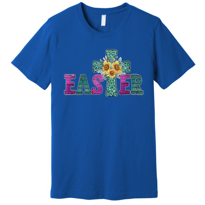 Turquoise Leopard Easter Cross For Christian Sunflower Mom Cool Gift Premium T-Shirt