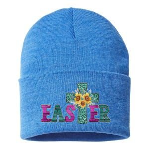 Turquoise Leopard Easter Cross For Christian Sunflower Mom Cool Gift Sustainable Knit Beanie