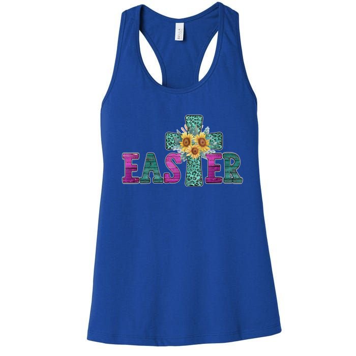 Turquoise Leopard Easter Cross For Christian Sunflower Mom Cool Gift Women's Racerback Tank