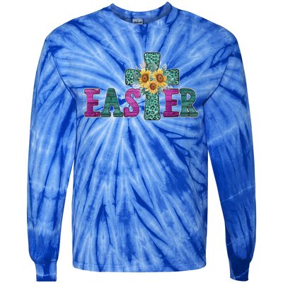 Turquoise Leopard Easter Cross For Christian Sunflower Mom Cool Gift Tie-Dye Long Sleeve Shirt