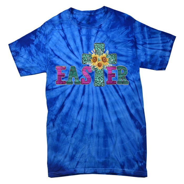 Turquoise Leopard Easter Cross For Christian Sunflower Mom Cool Gift Tie-Dye T-Shirt