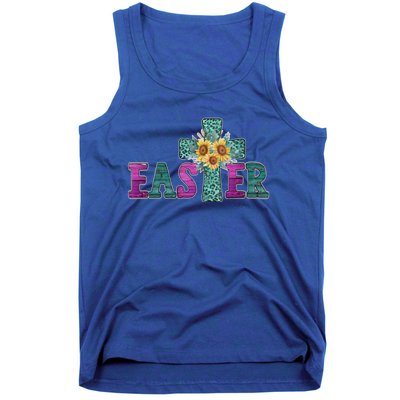 Turquoise Leopard Easter Cross For Christian Sunflower Mom Cool Gift Tank Top