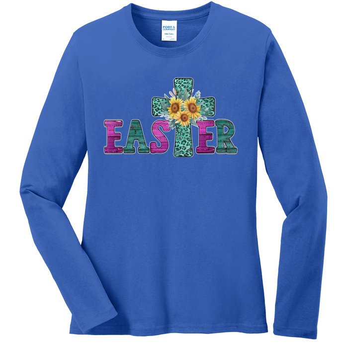 Turquoise Leopard Easter Cross For Christian Sunflower Mom Cool Gift Ladies Long Sleeve Shirt