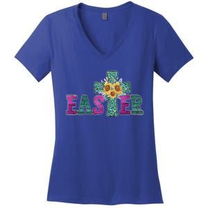 Turquoise Leopard Easter Cross For Christian Sunflower Mom Cool Gift Women's V-Neck T-Shirt