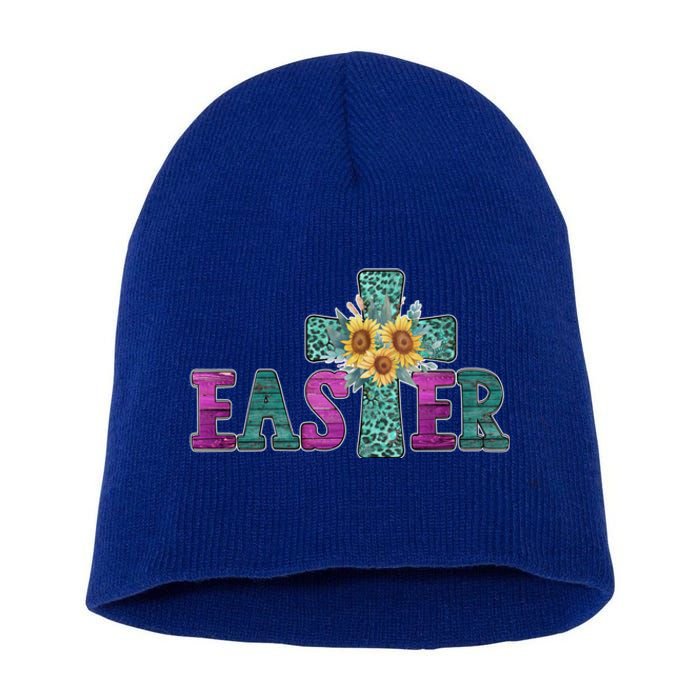 Turquoise Leopard Easter Cross For Christian Sunflower Mom Cool Gift Short Acrylic Beanie