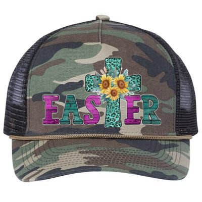 Turquoise Leopard Easter Cross For Christian Sunflower Mom Cool Gift Retro Rope Trucker Hat Cap