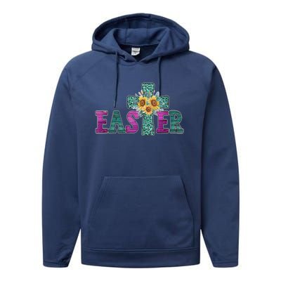 Turquoise Leopard Easter Cross For Christian Sunflower Mom Cool Gift Performance Fleece Hoodie