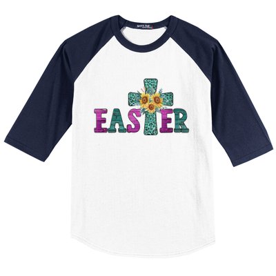 Turquoise Leopard Easter Cross For Christian Sunflower Mom Cool Gift Baseball Sleeve Shirt