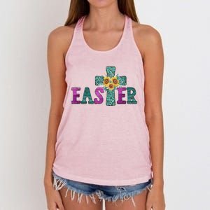 Turquoise Leopard Easter Cross For Christian Sunflower Mom Cool Gift Women's Knotted Racerback Tank