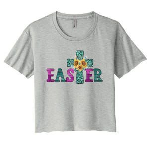 Turquoise Leopard Easter Cross For Christian Sunflower Mom Cool Gift Women's Crop Top Tee