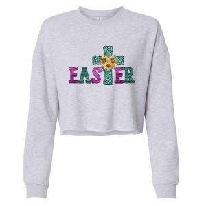 Turquoise Leopard Easter Cross For Christian Sunflower Mom Cool Gift Cropped Pullover Crew