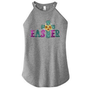 Turquoise Leopard Easter Cross For Christian Sunflower Mom Cool Gift Women's Perfect Tri Rocker Tank