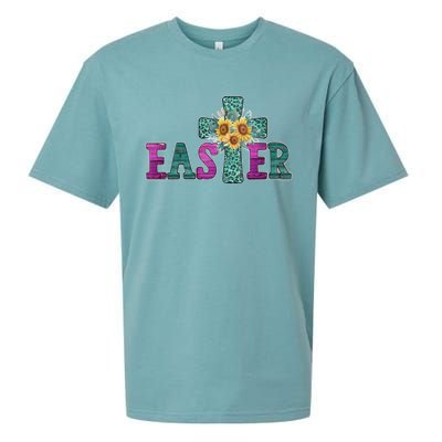 Turquoise Leopard Easter Cross For Christian Sunflower Mom Cool Gift Sueded Cloud Jersey T-Shirt