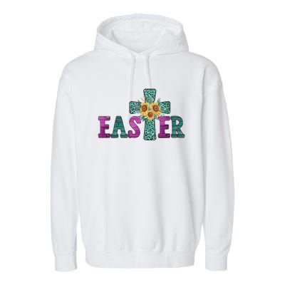 Turquoise Leopard Easter Cross For Christian Sunflower Mom Cool Gift Garment-Dyed Fleece Hoodie