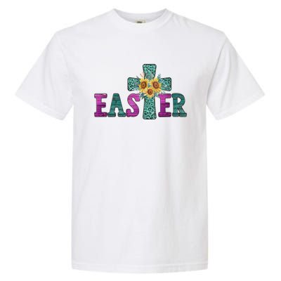 Turquoise Leopard Easter Cross For Christian Sunflower Mom Cool Gift Garment-Dyed Heavyweight T-Shirt