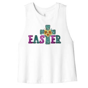 Turquoise Leopard Easter Cross For Christian Sunflower Mom Cool Gift Women's Racerback Cropped Tank