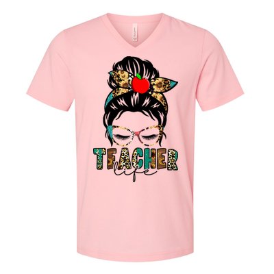 Teacher Life Female Bun V-Neck T-Shirt