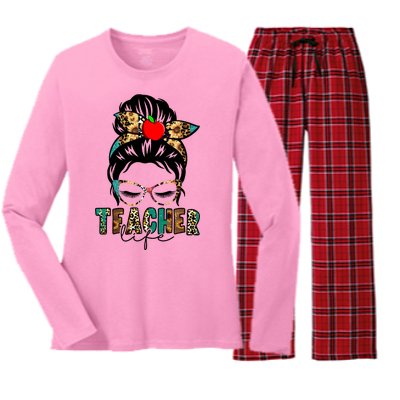 Teacher Life Female Bun Women's Long Sleeve Flannel Pajama Set 