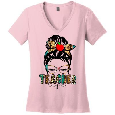 Teacher Life Female Bun Women's V-Neck T-Shirt