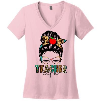 Teacher Life Female Bun Women's V-Neck T-Shirt