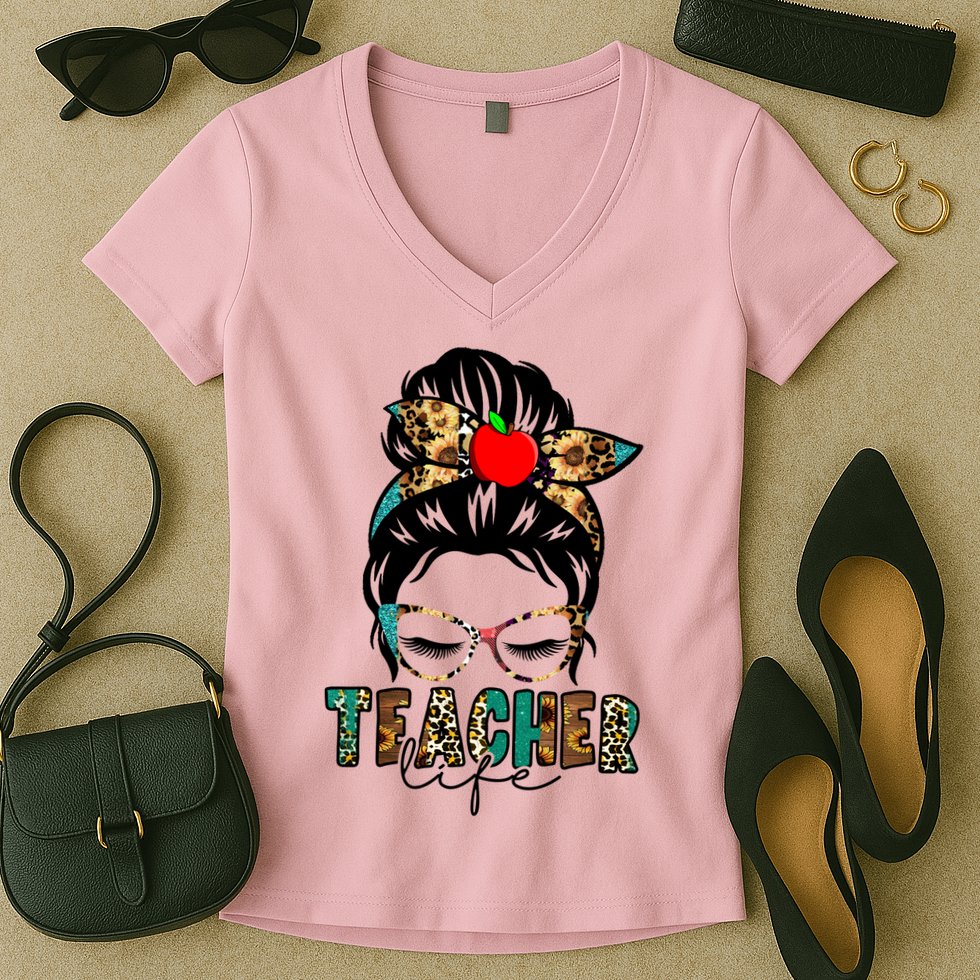 Teacher Life Female Bun Women's V-Neck T-Shirt