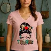 Teacher Life Female Bun Women's V-Neck T-Shirt