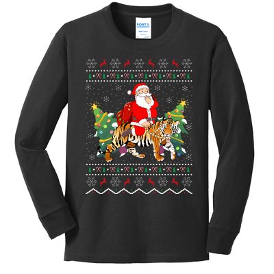 Tiger Lover Gift Ugly Santa Riding Tiger Christmas Kids Long Sleeve Shirt