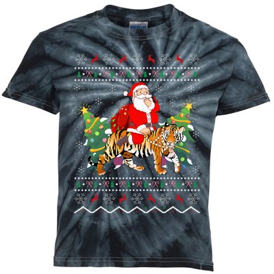 Tiger Lover Gift Ugly Santa Riding Tiger Christmas Kids Tie-Dye T-Shirt