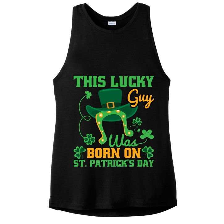 This Lucky Guy Was Born On St Patricks Day Funy Shamrocks Ladies PosiCharge Tri-Blend Wicking Tank