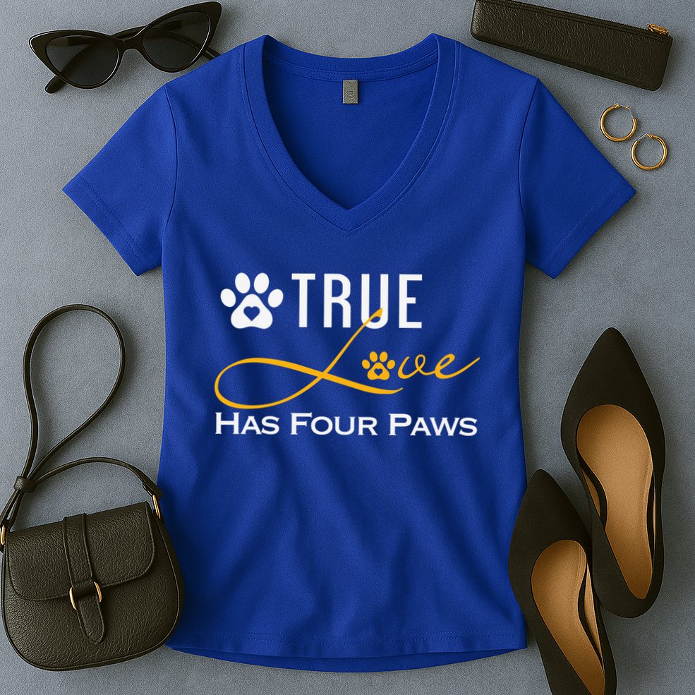 True Love Has Four Paws Funny Dogs Cats Valentine Gift Women's V-Neck T-Shirt
