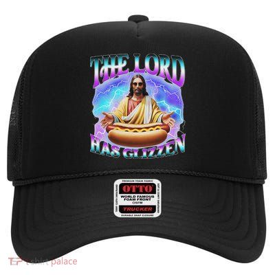 The Lord Has Glizzy God Hotdog Jesus Food Sunglasses Christ High Crown Mesh Back Trucker Hat