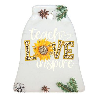 Teach Love Inspire Cute Sunflower Leopard Cheetah Print Gift Ceramic Bell Ornament