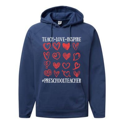 Teach Love Inspire Valentines Day Preschool Teacher Heart Gift Performance Fleece Hoodie